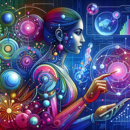 Digital illustration showing a human figure interacting with complex data visualizations, representing the role of AI in solving business problems in the pharmaceutical industry.