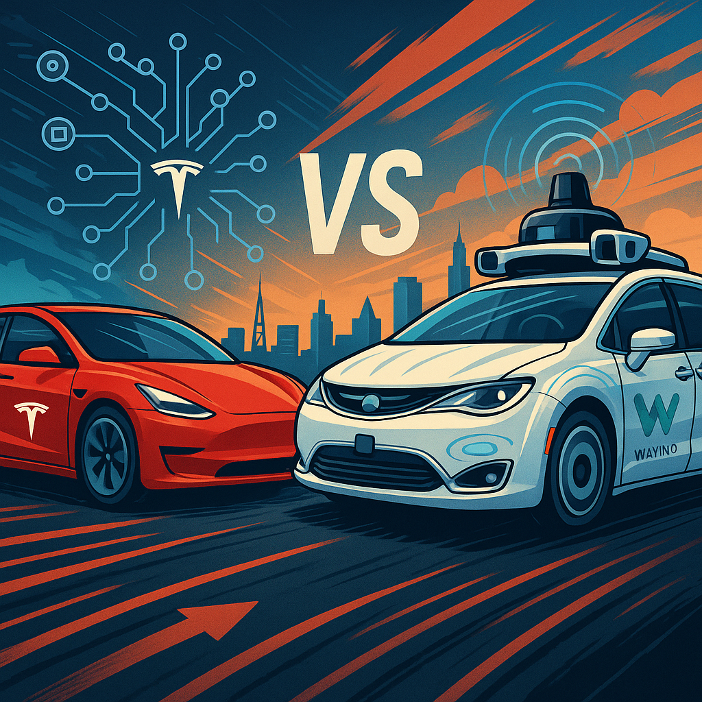 A Waymo self-driving Jaguar I-PACE robotaxi navigating a sunlit city street in mid-2025, showcasing the advanced LiDAR and camera sensors on its roof, representing its lead in the autonomous vehicle race against competitors like Tesla.